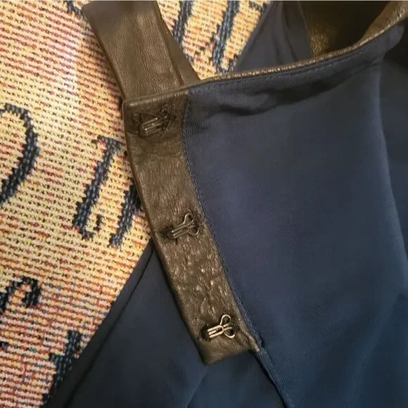 Yigal Azrouel Draped Leather Trim Cold Shoulder Designer Dress Blue 2 - Picture 11 of 13